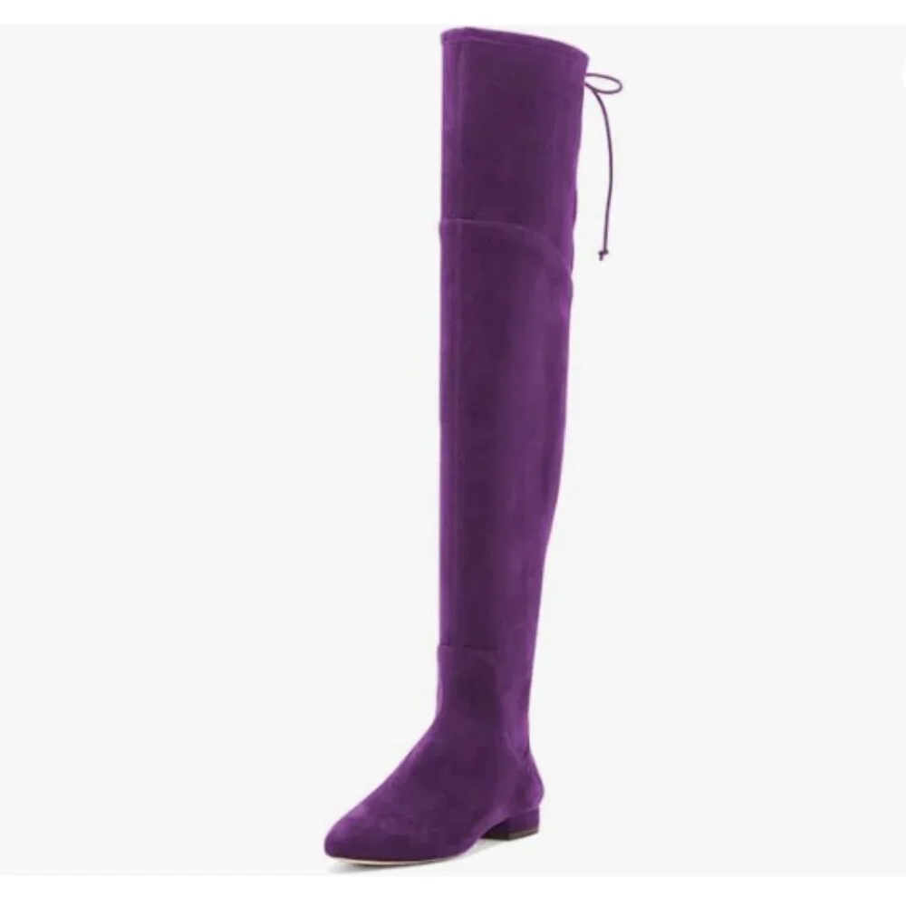Dark Purple Women Sexy Closed Toe Lace Up Thigh High Low Heel Over The Knee Boot